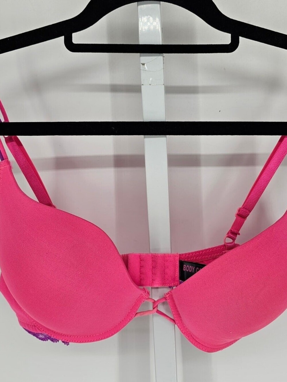 Y2K Body Candy Womens Sz 36D Padded Push Up Bra Bright Pink Purple Lace